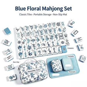 LANYU Blue Floral <b>Mahjong</b> Tiles <b>Set</b> Portable Foldable Acrylic Travel <b>Mahjong</b> Game with Non Slip Mat for Party - Product Image 1