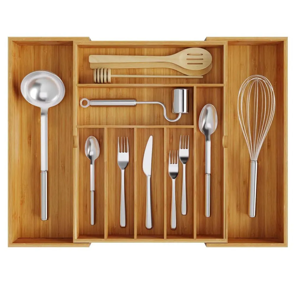 HOSTK ZM4001 Bamboo Expandable Drawer Organizer, Adjustable Kitchen Cutlery and Utensil Tray