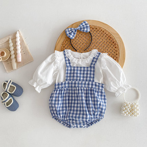 Printemps automne enfant en bas âge fille coton bleu barboteuse à carreaux couleur unie à manches longues haut bébé vêtements costume - Product Image 1