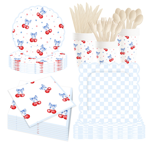 Ensemble de vaisselle en papier sur le thème de la cerise personnalisé DAMAI, assiettes, gobelets et serviettes en papier bleu jetables pour les anniversaires d'enfants et les fêtes de thé - Product Image 3