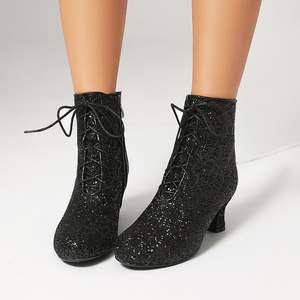 Botines con lentejuelas brillantes, con cordones delanteros y tacón bajo, zapatos de vestir para espectáculos y fiestas de Año Nuevo, botas sexys para mujer - Product Image 4