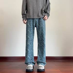 American Retro Youth Letter Jacquard Jeans <b>Men</b> Spring Autumn High Street Full Print Straight Micro Flare Scimitar <b>Pants</b> - Product Image 6