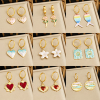 RINHOO Boucles d'oreilles pendantes en acier inoxydable plaqué or 18 carats avec émail INS, motif cœur, fleur, poisson, pour femme, tendance