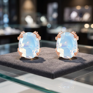 Rose Gold Plated Moonstone <b>Stud</b> Earrings Oval Shape Claw Setting Women's Classic Everyday Wear Jewelry - Product Image 3