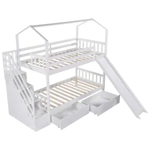 트윈 오버 풀 이층 유아 침대 서랍 저장 및 슬라이드 아기 침대 쌍둥이 어린이 나무 침대 슬라이드