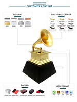 Meilleure vente trophée de radio en métal de musique à base de cristal noir en alliage de zinc doré trophée de prix grammy personnalisé