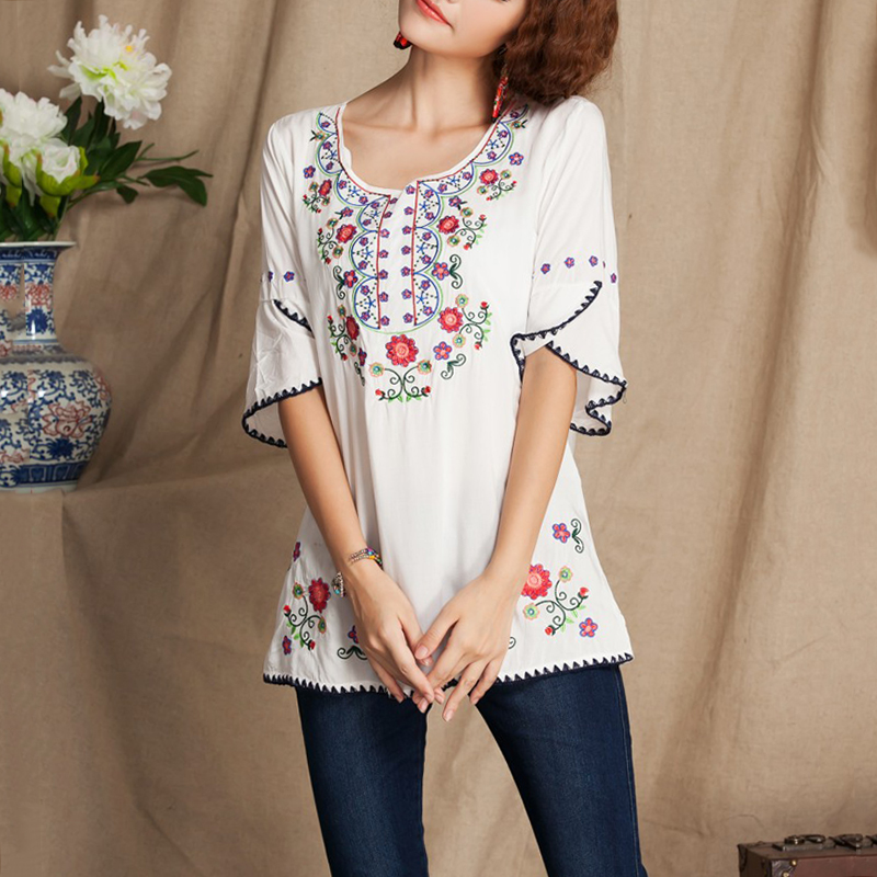 White cotton linen embroidered blouse shirt