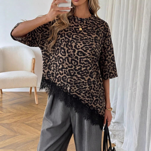 T-<span class=keywords><strong>shirt</strong></span> asymétrique tendance pour <span class=keywords><strong>femme</strong></span> avec dentelle, collection été 2026, décontracté chic, col rond, coupe oversize, manches 3/4, longueur longue - Product Image 3