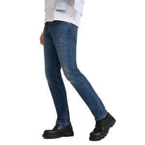 Pantalon en jean décontracté coupe droite slim pour homme, en coton de haute qualité, délavé, bleu vieilli, vente en gros - Product Image 4