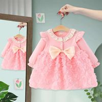 Robe à manches longues pour filles avec col en dentelle et volants, jupe florale 3D avec roses, grand nœud en satin, tenue de princesse élégante