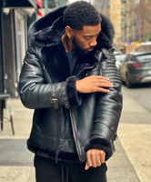 Veste en cuir PU noire à capuche pour homme avec col en fourrure surdimensionné, doublure en polaire épaisse, style américain, vêtement d'extérieur pour l'hiver