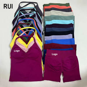 RUIQUWIN Custom Logo Women's Gym Yoga Set Solid <b>Color</b> Backless Halter Top High Waist <b>Tight</b> Shorts 2-Piece Breathable Lightweight - Product Image 1