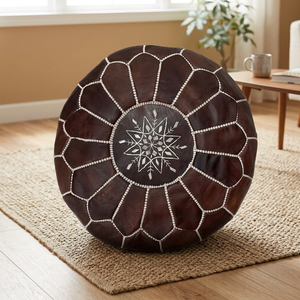 Round Embroidered <b>Leather</b> Pouf Cushion <b>Cover</b> Bohemian Style Handmade Stitched Design Home Decor - Product Image 3