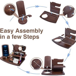 Wooden Desktop <b>Phone</b> <b>Holder</b> Multi Functional Storage Rack Rotating Charging <b>Stand</b> Office Organizer Rectangle Wood Grain Color - Product Image 5