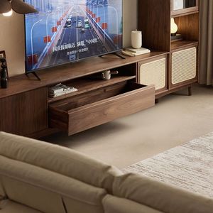 Mueble de TV de madera de nogal negro de 180 cm, estilo vintage, mueble de almacenamiento para sala de estar, soporte de TV de madera maciza para suelo. - Product Image 2