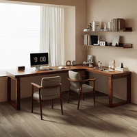 Table d'étude de bureau et de chambre à coucher en bois massif en forme de L en noyer avec petite table d'angle d'étagères