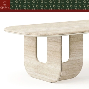 Mesa de Comedor Ovalada Larga de Travertino GOLDKING, Estilo Moderno y Lujoso, con Cubierta de Piedra Beige Claro y Base en Forma de U, Directo de Fábrica - Product Image 5