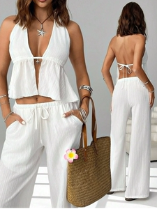 Ensembles Streetwear Décontractés 2 Pièces pour Femme Été 2026 – Hauts Halter Solides à Nouer au Dos & Pantalons Large – Prix Abordable - Product Image 1
