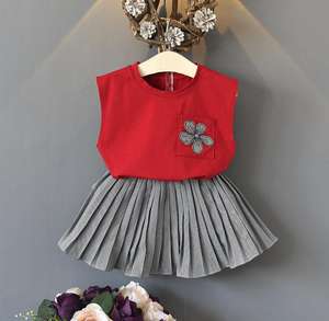 Ensemble de 2 pièces pour filles, t-shirt sans manches en coton et jupe à carreaux, vêtements pour enfants en provenance de Chine - Product Image 1