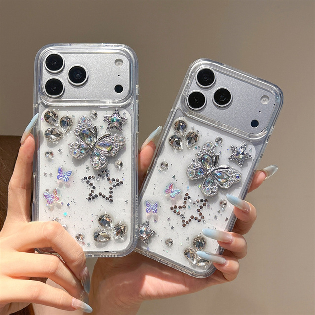 Gradient Glitter Butterfly Bow Diamond Mobile Phone case for iPhone 17 16 15 14 Pro Max 3D Star Resin DIY Bling Clear back Cover