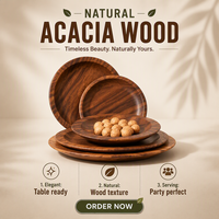 Vente en gros de bols de service peu profonds à large bord en bois d'acacia, assiettes rondes en bois massif, porte-noix, porte-salades, porte-collations, vaisselle de restaurant japonais
