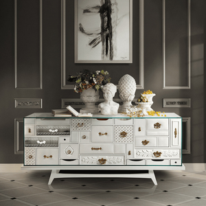 Élégante <span class=keywords><strong>console</strong></span> moderne en acajou <span class=keywords><strong>avec</strong></span> poignées en verre gris laqué blanc et laiton Tiroirs en bois fabriqués à la main pour les intérieurs de salon - Product Image 1