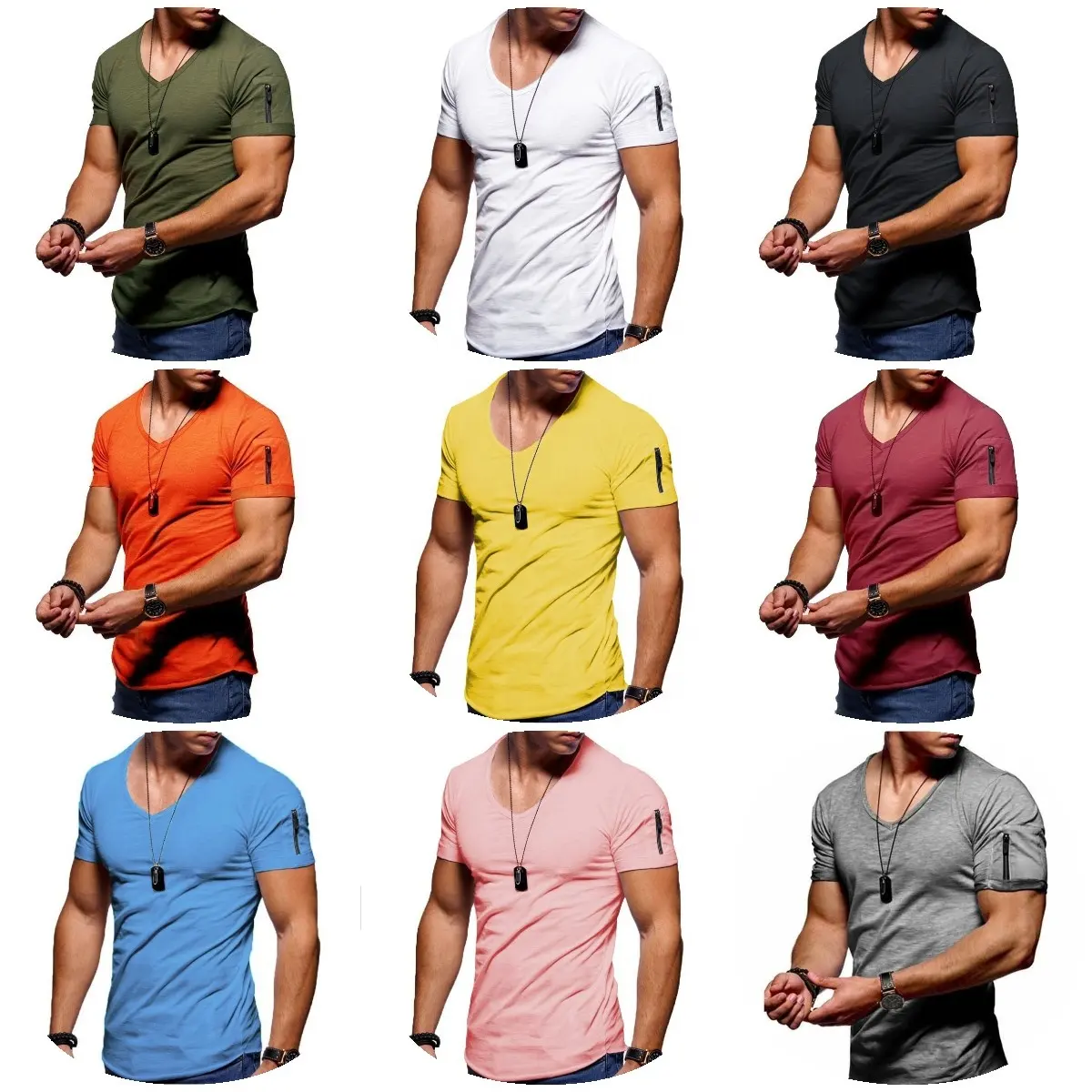 Men's T shirt Sports Tee Shirt Plain V Neck Normal Short Sleeve Zipper Clothing Apparel Muscle Gym Tshirt For Men
