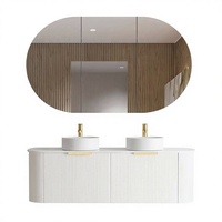 Meuble-lavabo mural flottant blanc moderne à cannelures avec miroir LED triple et double vasque en céramique pour hôtel