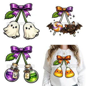 Transferts DTF thermocollants lavables, prêts à presser, pour T-shirts et sacs, motif Cerises d'Halloween Mignonnes Coquette, Douces et Effrayantes - Product Image 1