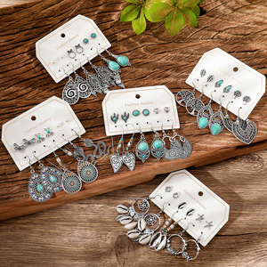Boucles d'oreilles pendantes tendance en turquoise et alliage d'argent tibétain pour femme, style bohème, ensemble de bijoux de fête - Product Image 1