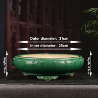 Pot Bonsai Bulat Klasik Bergaya dengan Lapisan Glasir, Ukuran Besar, Desain Berpaku Tipis untuk Pot Bunga & Penanam, Pot untuk Teras