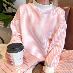 <strong>Women</strong> Pink <strong>White</strong> Striped Oversized Mock Neck Sweatshirt Custom Casual Ladies Sweater Streetwear Drop Shoulder Turtleneck <strong>Hoodie</strong> - Product Image 5