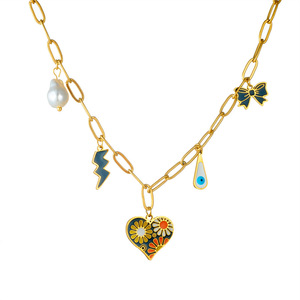 Stainless Steel Heart Daisy Lightning Bow Pendant Chain Necklace With Charms For Fashion Jewelry - Product Image 5