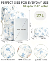 Sac à dos unisexe pour ordinateur portable de voyage 15,6 pouces 27L matelassé style doudoune pour collège et travail, double fermeture éclair, 18 poches