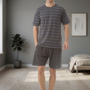 <b>Men's</b> 100% Cotton Knitted Breathable Striped <b>Short</b> Sleeve <b>Pajama</b> <b>Set</b> OEM Service Casual Sleepwear - Product Image 3
