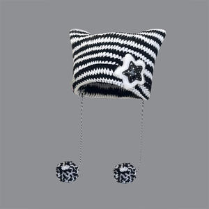 Chapeau d'hiver en tricot fait main pour femmes, à rayures, <span class=keywords><strong>avec</strong></span> oreilles de chat, extensible, doux, ample, chaud, <span class=keywords><strong>avec</strong></span> <span class=keywords><strong>pompon</strong></span> - Product Image 2