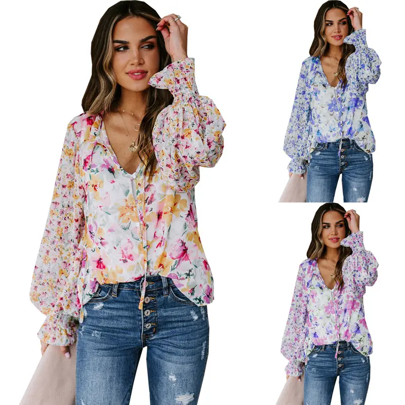 Venta al por mayor nuevas blusas elegantes Camisa de gasa patrón de flores moda linterna manga señoras Top tallas grandes ropa de mujer