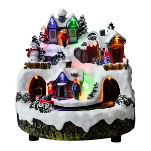Personalizado hecho a mano de Navidad Santa led iluminación muñeco de nieve niños figuras de resina micro pueblo tren en movimiento Festival regalo artesanía de resina