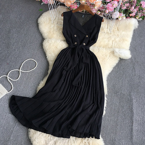 Tunique Slip Robe Femmes Couleur Unie Blazer Col Sans Manches Robe Taille Haute Plissée Casual Dress - Product Image 5