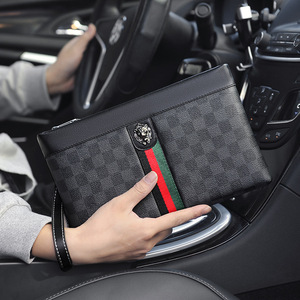 <span class=keywords><strong>Elegante</strong></span> Bolso de Negocios para <span class=keywords><strong>Hombre</strong></span> en Gris a Cuadros, con Adorno de León Metálico, Múltiples Ranuras para Tarjetas y Cierre de Cremallera - Product Image 6
