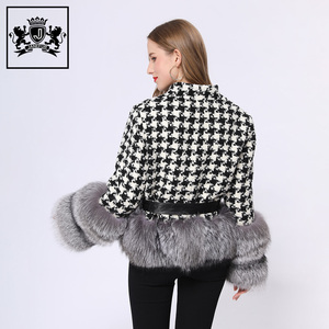Janefur Ladies Short Spring Winter Manteau en <span class=keywords><strong>laine</strong></span> pour femmes Trendy Black Plaid Long Sleeves Slim Fox Fur Tweed Jacket - Product Image 3