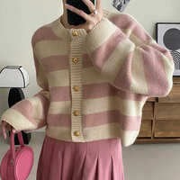 Damen Frühling 100% Polyester Bonbonfarben Schnelltrocknende Gestreifte Strickjacke