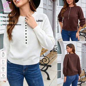 Suéter de Mujer Loveda al por Mayor, Personalizado con Logotipo Bordado, Color Sólido, Holgado, Manga Larga, Cuello en V, con Botones - Product Image 1