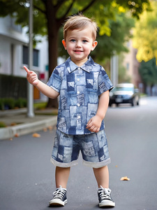 Ensemble 2 pièces pour petit garçon, imprimé polyester mignon, chemise à manches courtes et short décontractés, confortables pour l'été, pour bébé garçon - Product Image 1