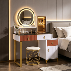Modern <b>Makeup</b> <b>Vanity</b> With Lighted <b>Mirror</b> Storage Drawers Bedroom Dressing Table With Stool - Product Image 5