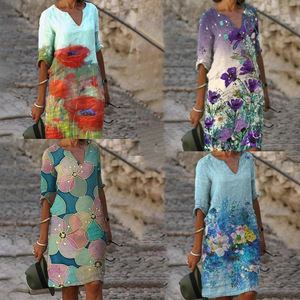 Nuevo Vestido de Verano con Estampado de Hojas y Flores, Cuello en V, Manga Corta, Holgado - Product Image 4