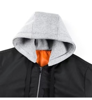 Blouson bomber décontracté noir pour homme avec capuche tricotée amovible, patchwork, doublure intérieure orange écologique, poignets côtelés et poches zippées