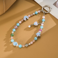 Chaîne de téléphone portable pour poignet avec pendentif en perle en forme de cœur, étoile et lune bicolores, breloque anti-perte haut de gamme pour téléphone mobile