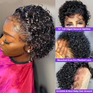 Perruques Lace Front wig transparentes HD, cheveux humains, coupe Pixie, couleur noire naturelle, longue durée, noeuds décolorés - Product Image 5