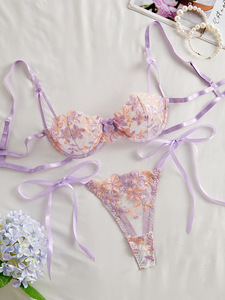 Wholesale Floral Embroidery Lace Lingerie <b>Set</b> <b>Sexy</b> Sheer Mesh Underwire Bra and Tie Side Thong <b>Set</b> 2 Piece <b>Sexy</b> Bra <b>Set</b> OEM ODM - Product Image 2